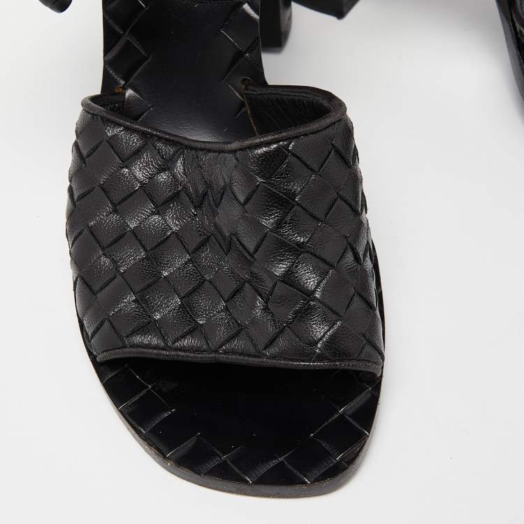 Pre Owned Bottega Veneta Black Intrecciato Leather Ankle Wrap Sandals Size 37