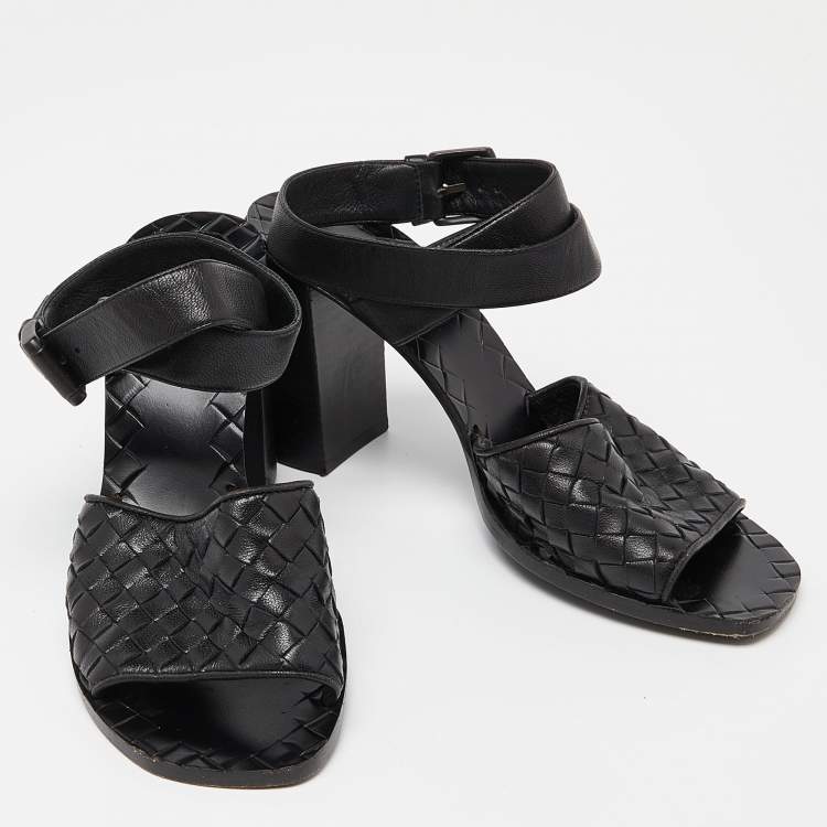 Pre Owned Bottega Veneta Black Intrecciato Leather Ankle Wrap Sandals Size 37