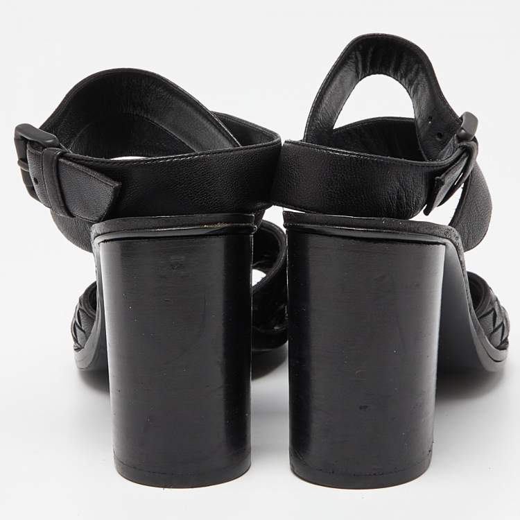 Pre Owned Bottega Veneta Black Intrecciato Leather Ankle Wrap Sandals Size 37
