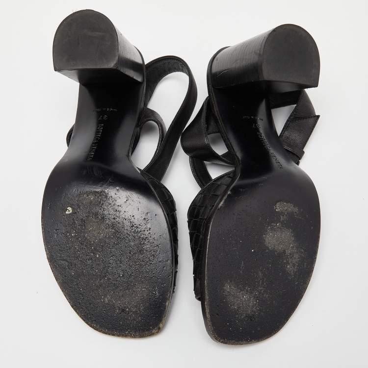 Pre Owned Bottega Veneta Black Intrecciato Leather Ankle Wrap Sandals Size 37