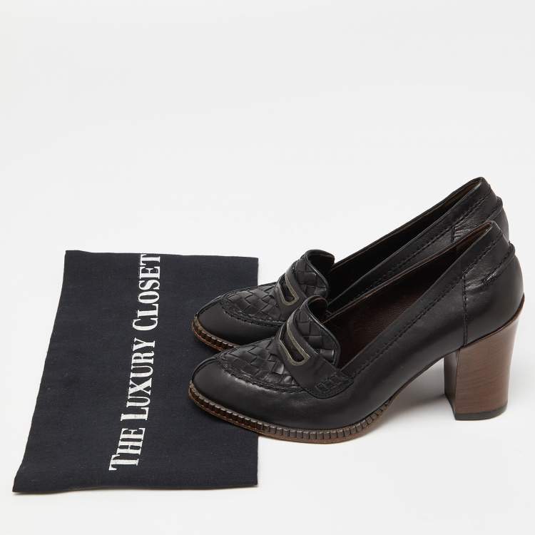Pre Owned Bottega Veneta Black Leather Loafer Pumps Size 35.5