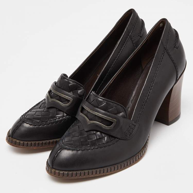 Pre Owned Bottega Veneta Black Leather Loafer Pumps Size 35.5