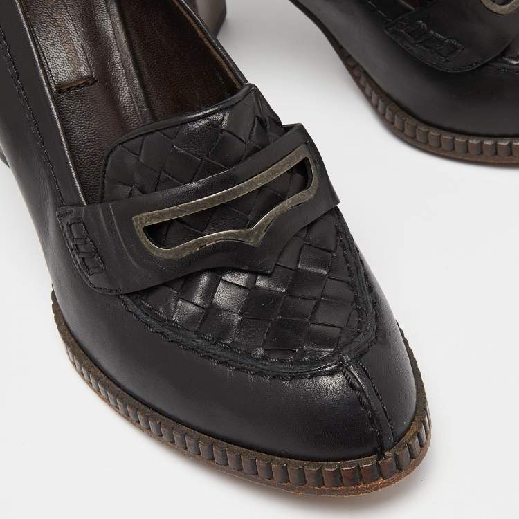 Pre Owned Bottega Veneta Black Leather Loafer Pumps Size 35.5