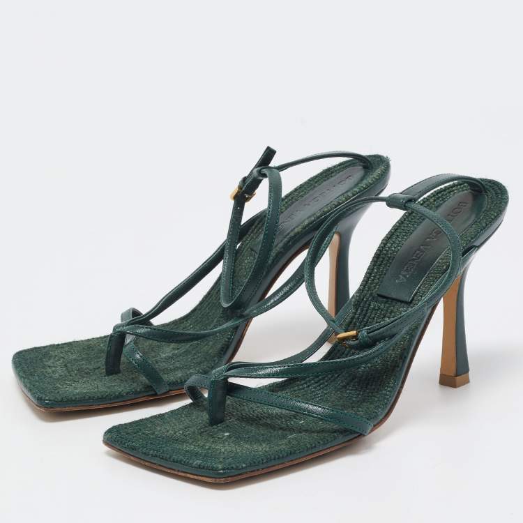 Pre Owned Bottega Veneta Green Leather Stretch Ankle Strap Sandals Size 36