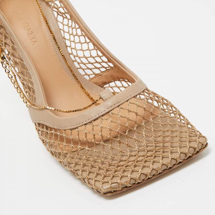 Pre Owned Bottega Veneta Beige Mesh and Leather Chain Stretch Pumps Size 38