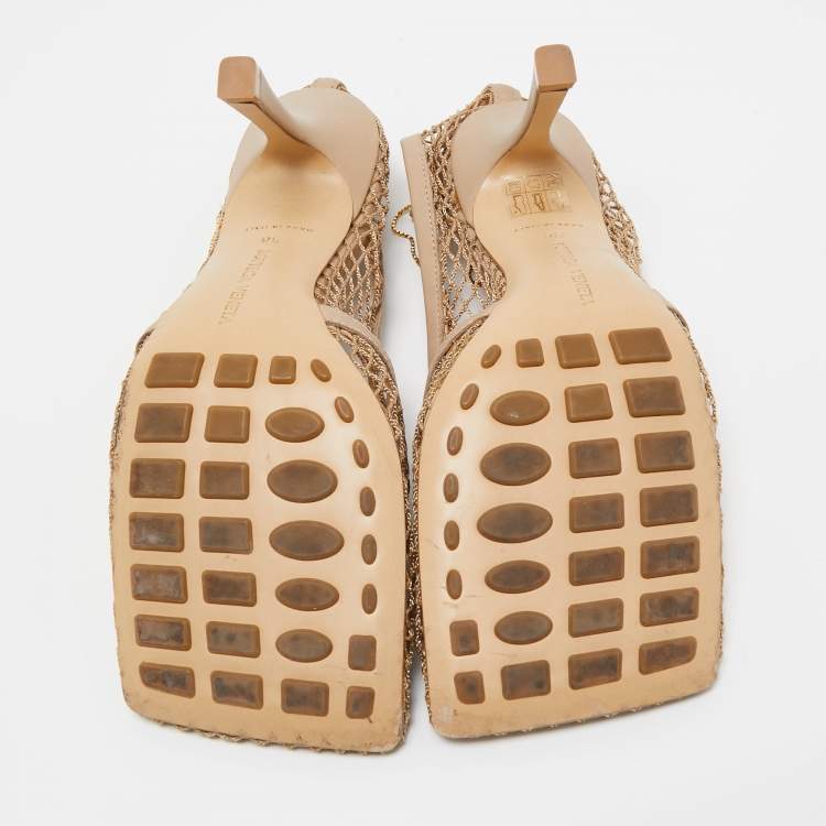 Pre Owned Bottega Veneta Beige Mesh and Leather Chain Stretch Pumps Size 38