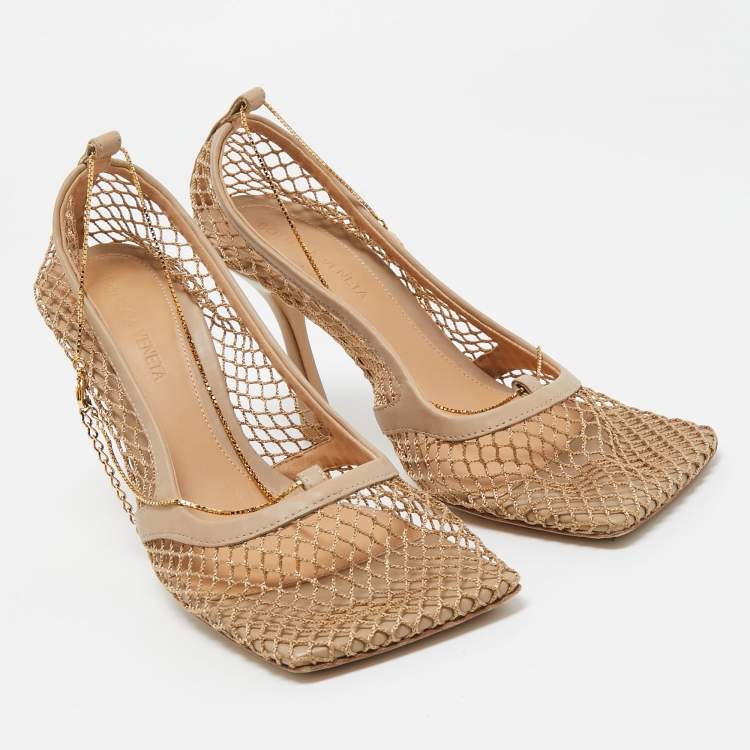 Pre Owned Bottega Veneta Beige Mesh and Leather Chain Stretch Pumps Size 38