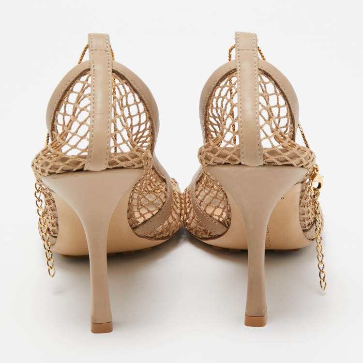 Pre Owned Bottega Veneta Beige Mesh and Leather Chain Stretch Pumps Size 38