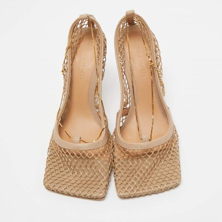 Pre Owned Bottega Veneta Beige Mesh and Leather Chain Stretch Pumps Size 38