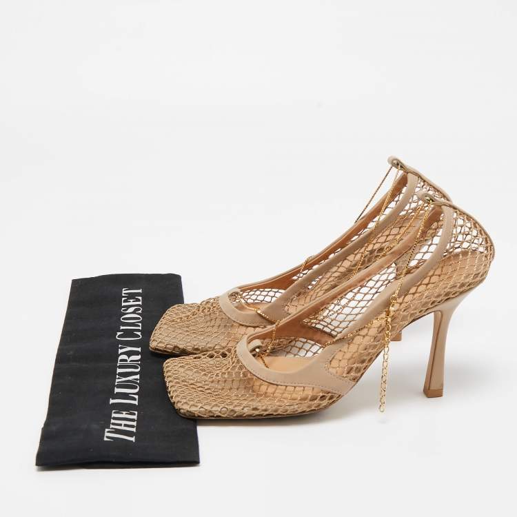 Pre Owned Bottega Veneta Beige Mesh and Leather Chain Stretch Pumps Size 38