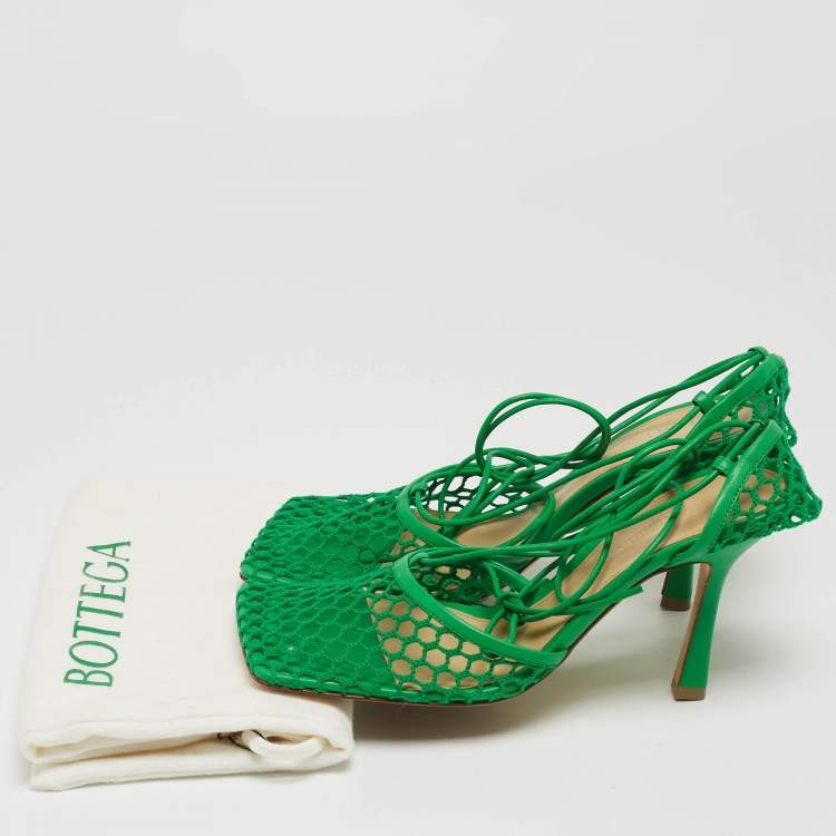 Pre Owned Bottega Veneta Green Mesh Stretch Ankle Tie Pumps Size 37.5