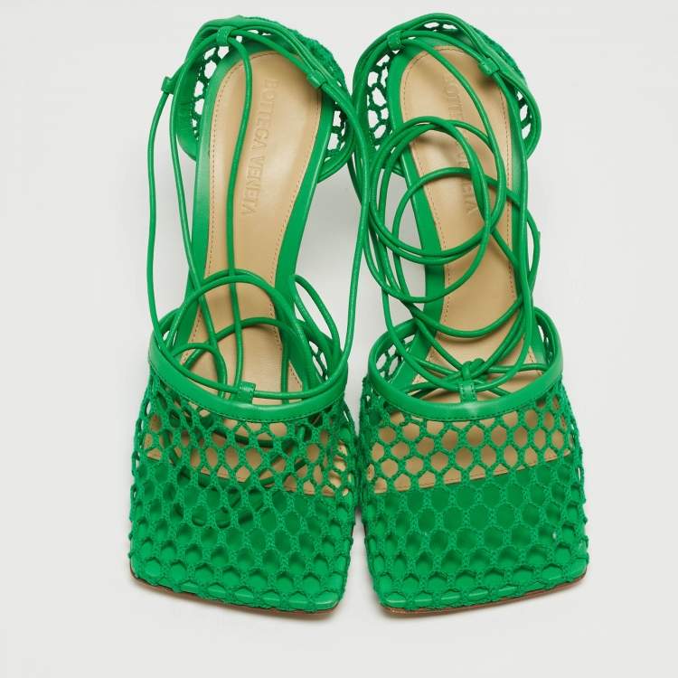 Pre Owned Bottega Veneta Green Mesh Stretch Ankle Tie Pumps Size 37.5