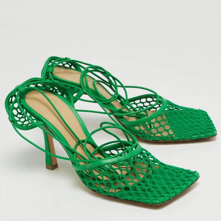 Pre Owned Bottega Veneta Green Mesh Stretch Ankle Tie Pumps Size 37.5