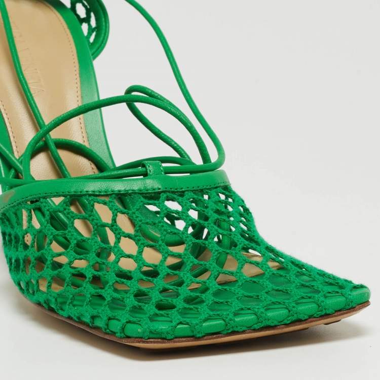 Pre Owned Bottega Veneta Green Mesh Stretch Ankle Tie Pumps Size 37.5