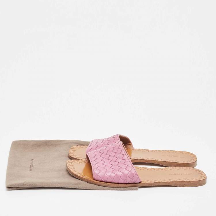 Pre Owned Bottega Veneta Purple Leather Intrecciato Flat Slides Size 39