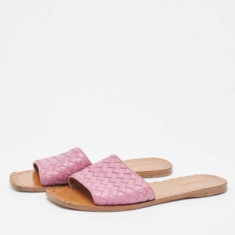 Pre Owned Bottega Veneta Purple Leather Intrecciato Flat Slides Size 39