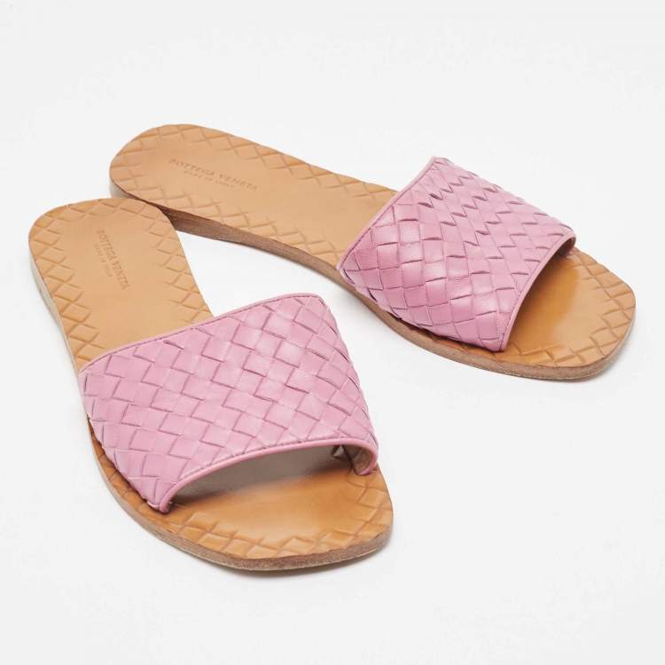 Pre Owned Bottega Veneta Purple Leather Intrecciato Flat Slides Size 39
