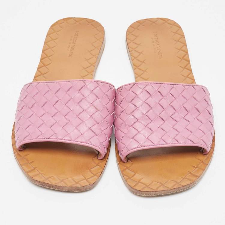 Pre Owned Bottega Veneta Purple Leather Intrecciato Flat Slides Size 39