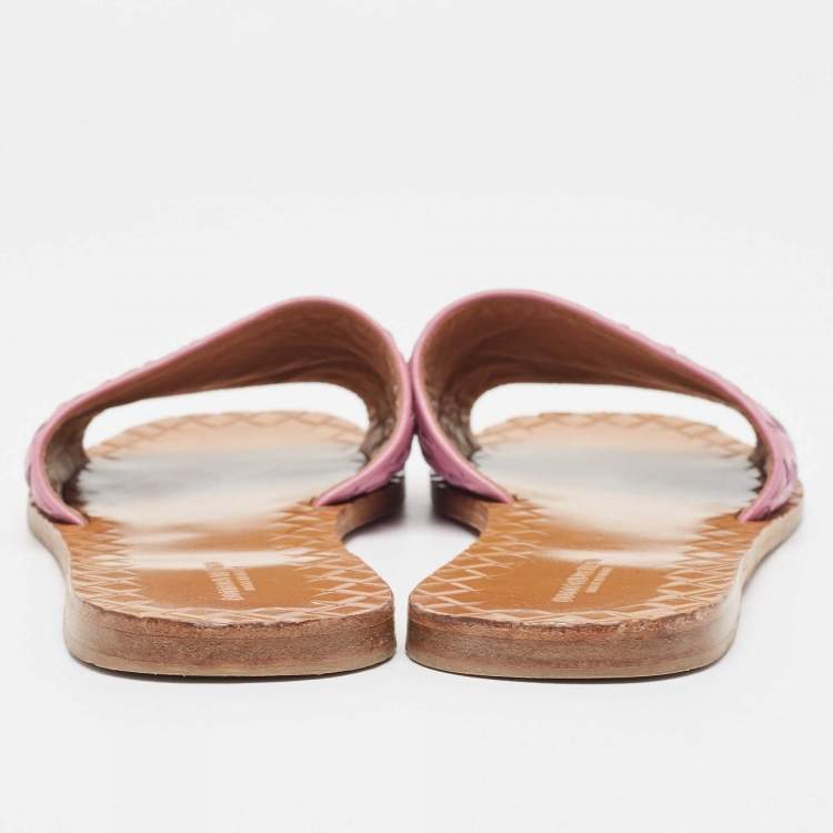 Pre Owned Bottega Veneta Purple Leather Intrecciato Flat Slides Size 39
