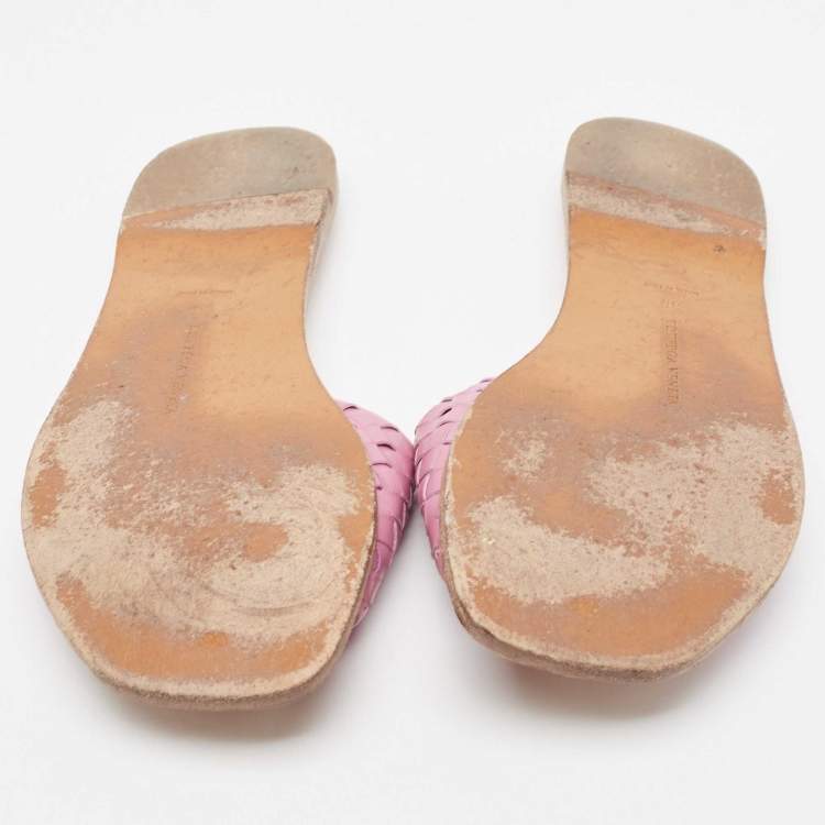 Pre Owned Bottega Veneta Purple Leather Intrecciato Flat Slides Size 39