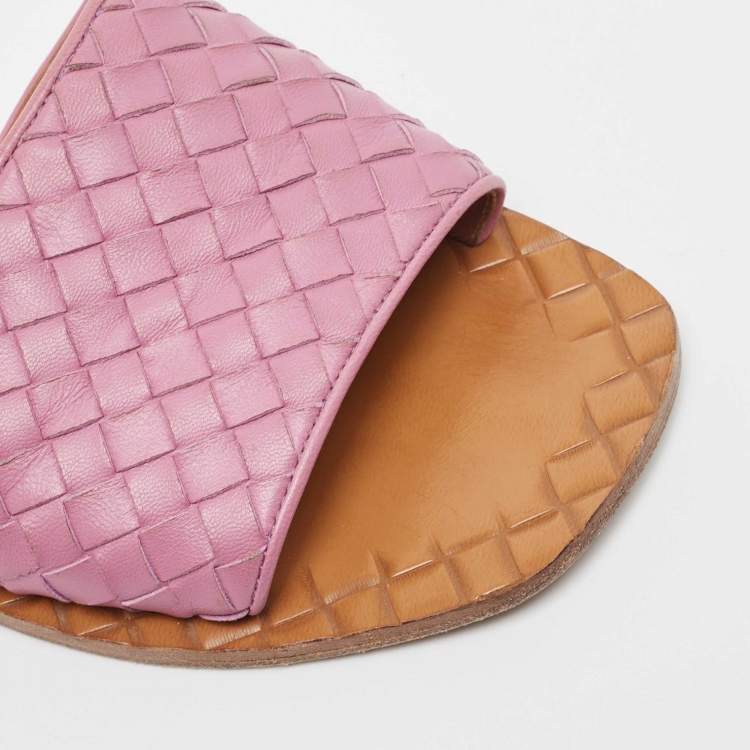 Pre Owned Bottega Veneta Purple Leather Intrecciato Flat Slides Size 39