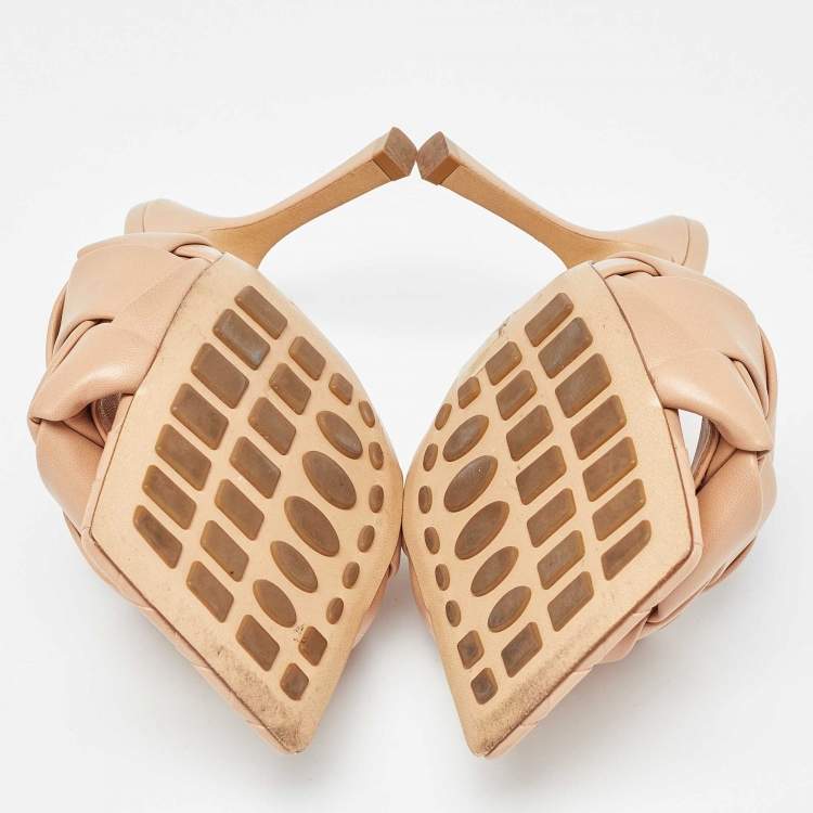 Pre Owned Bottega Veneta Beige Intrecciato Leather Square Toe Slide Sandals Size 36.5