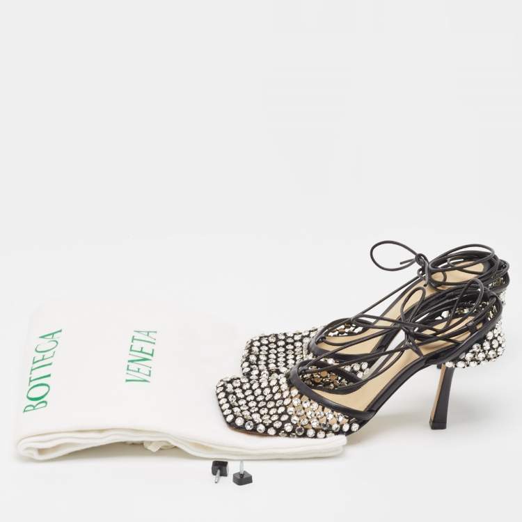 Pre Owned Bottega Veneta Black Crystal Embellished Mesh Sparkle Stretch Ankle Tie Pumps Size 36