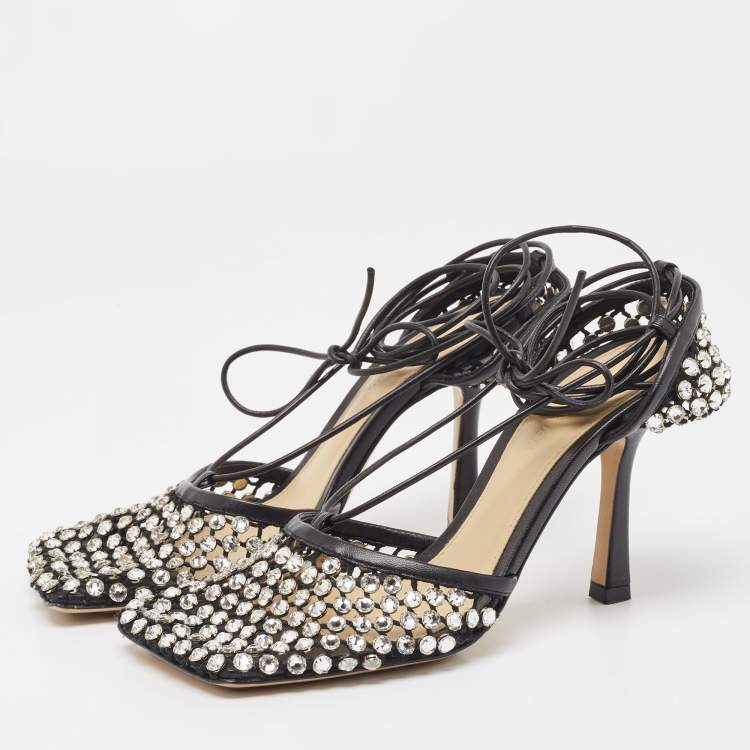 Pre Owned Bottega Veneta Black Crystal Embellished Mesh Sparkle Stretch Ankle Tie Pumps Size 36
