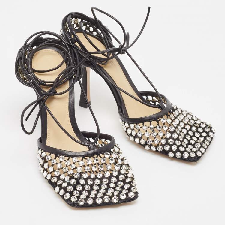 Pre Owned Bottega Veneta Black Crystal Embellished Mesh Sparkle Stretch Ankle Tie Pumps Size 36