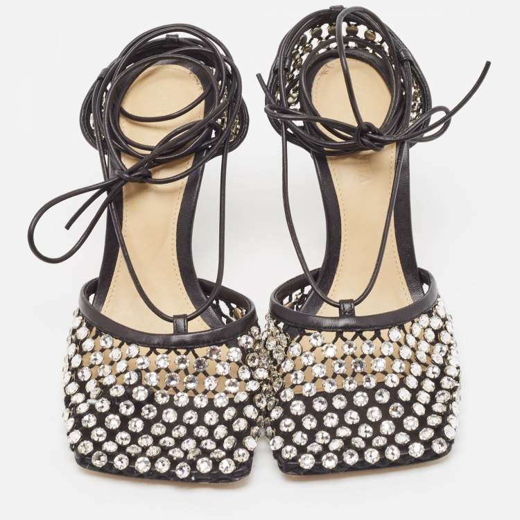 Pre Owned Bottega Veneta Black Crystal Embellished Mesh Sparkle Stretch Ankle Tie Pumps Size 36