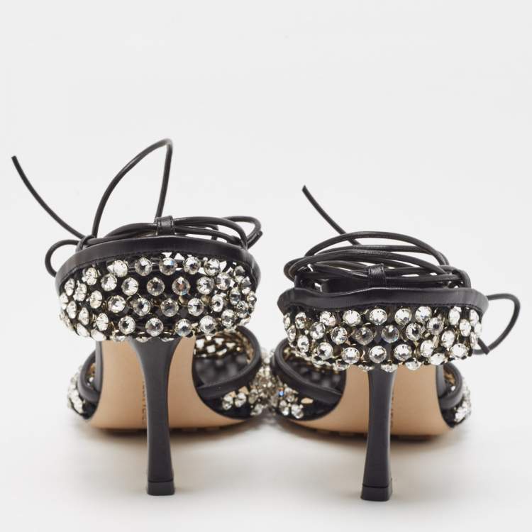 Pre Owned Bottega Veneta Black Crystal Embellished Mesh Sparkle Stretch Ankle Tie Pumps Size 36