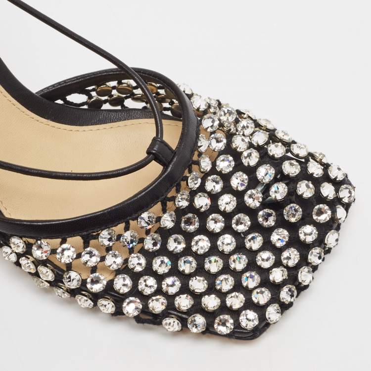 Pre Owned Bottega Veneta Black Crystal Embellished Mesh Sparkle Stretch Ankle Tie Pumps Size 36