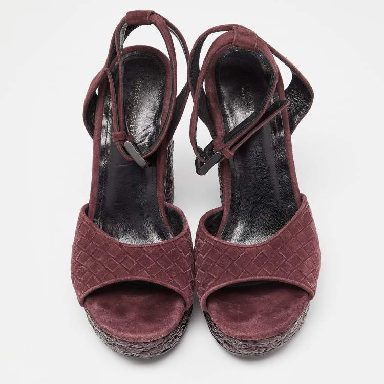 Pre Owned Bottega Veneta Plum Intrecciato Suede Coated Espadrille Platform Ankle Strap Sandals Size 38
