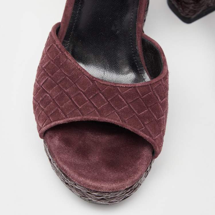 Pre Owned Bottega Veneta Plum Intrecciato Suede Coated Espadrille Platform Ankle Strap Sandals Size 38