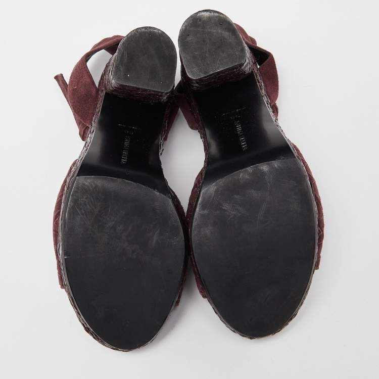 Pre Owned Bottega Veneta Plum Intrecciato Suede Coated Espadrille Platform Ankle Strap Sandals Size 38
