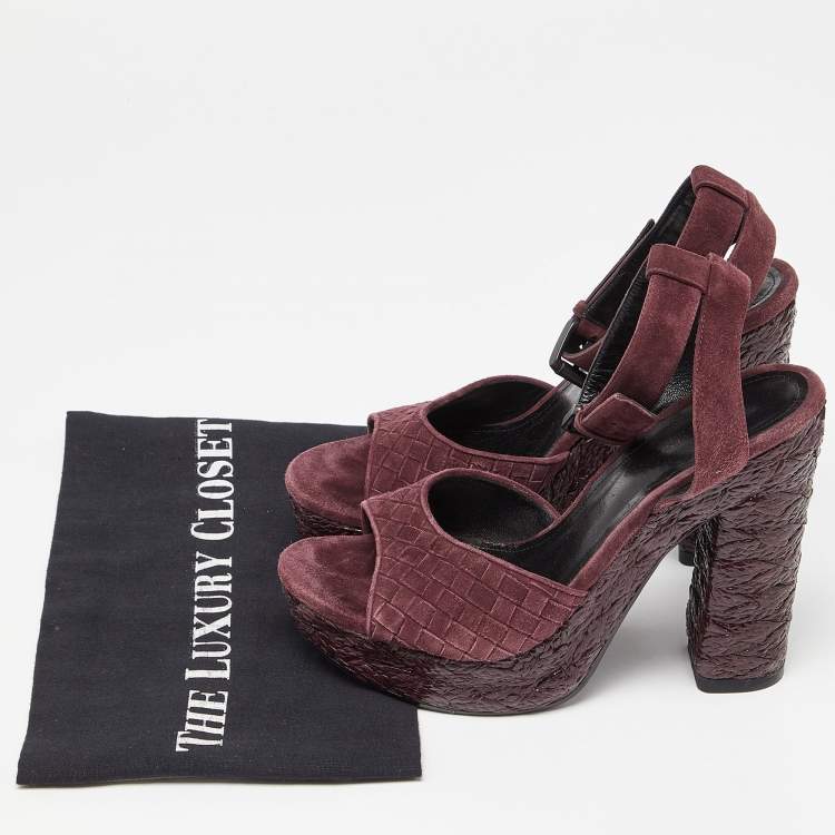 Pre Owned Bottega Veneta Plum Intrecciato Suede Coated Espadrille Platform Ankle Strap Sandals Size 38