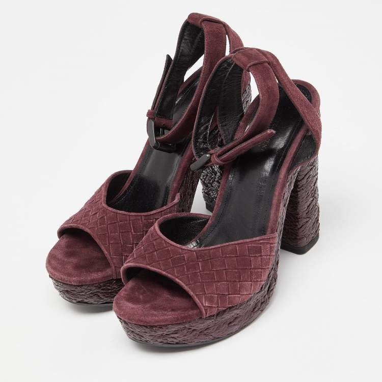 Pre Owned Bottega Veneta Plum Intrecciato Suede Coated Espadrille Platform Ankle Strap Sandals Size 38