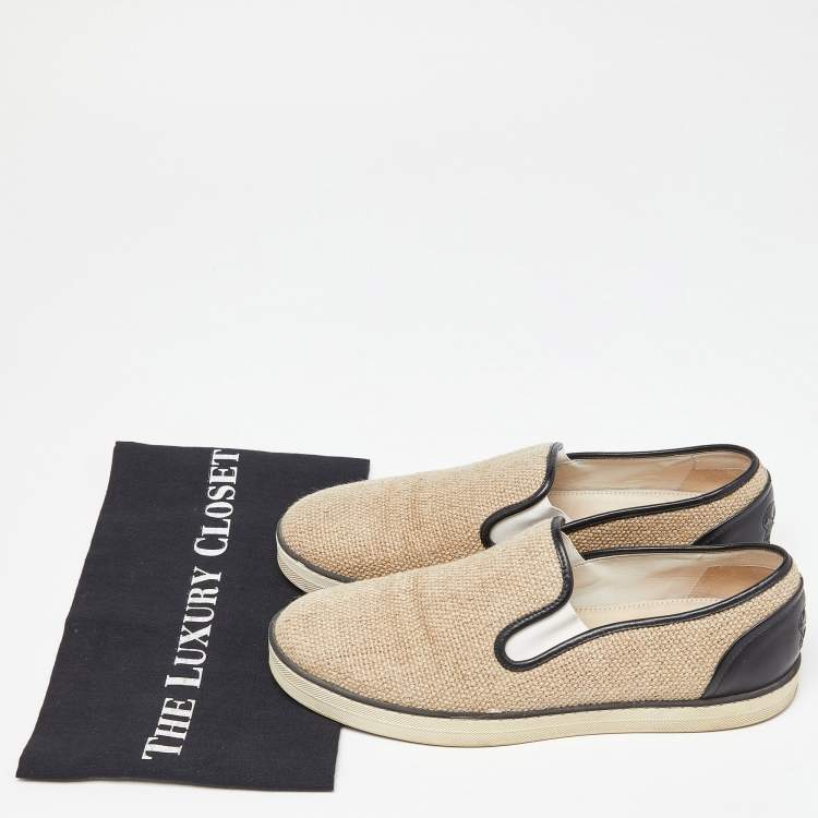 Pre Owned Bottega Veneta Beige/Black Jute and Leather Slip On Sneakers Size 39