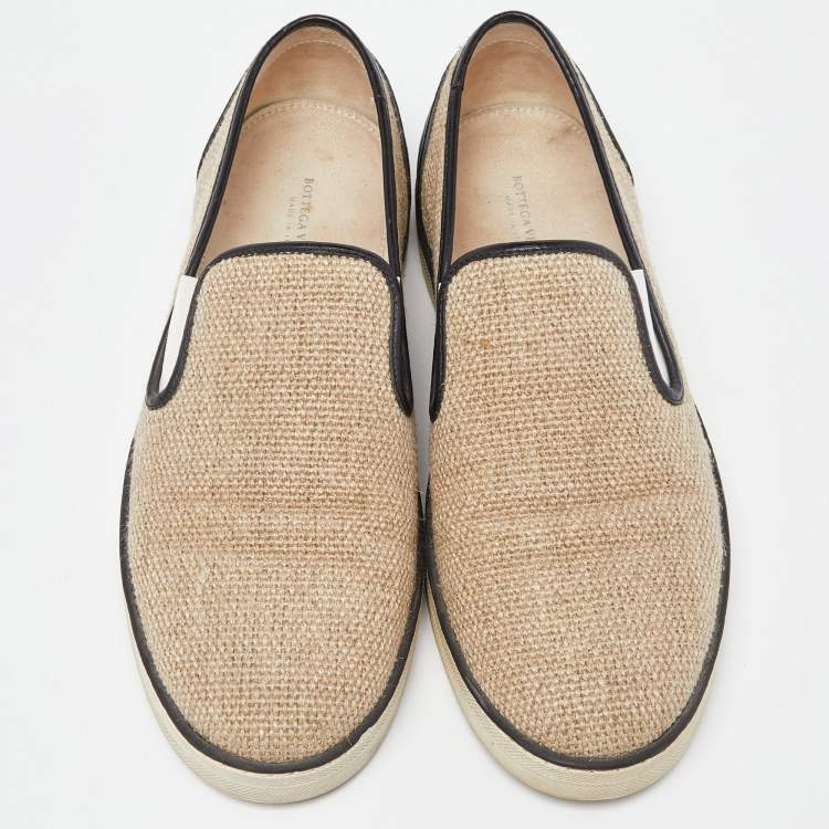 Pre Owned Bottega Veneta Beige/Black Jute and Leather Slip On Sneakers Size 39