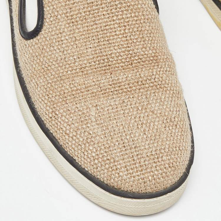 Pre Owned Bottega Veneta Beige/Black Jute and Leather Slip On Sneakers Size 39
