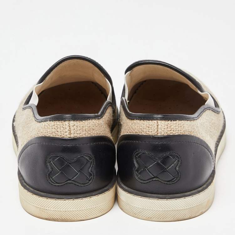 Pre Owned Bottega Veneta Beige/Black Jute and Leather Slip On Sneakers Size 39