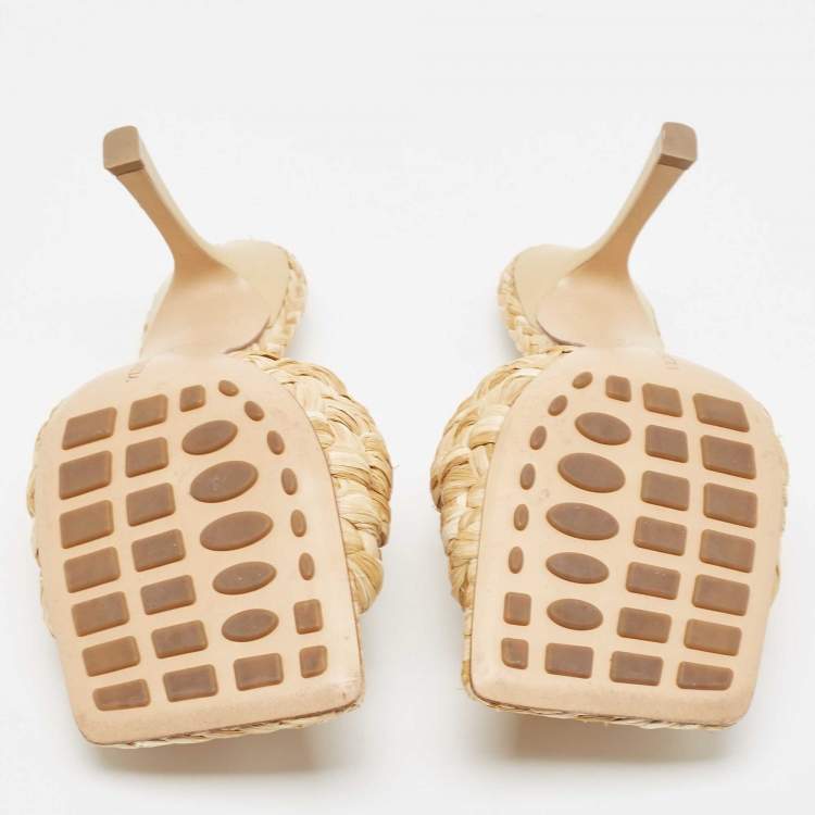 Pre Owned Bottega Veneta Beige Woven Raffia Lido Slide Sandals Size 37.5