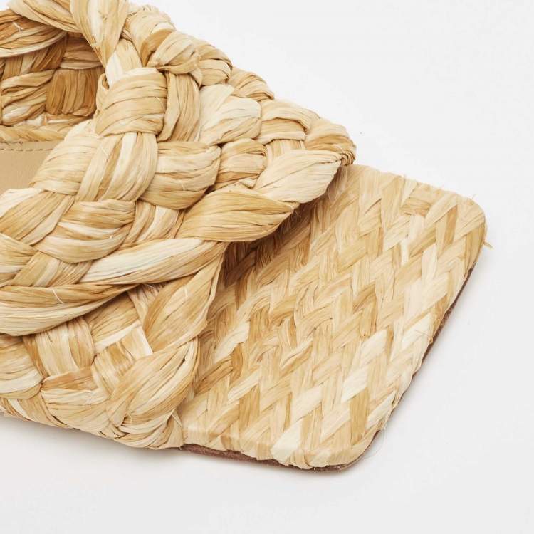 Pre Owned Bottega Veneta Beige Woven Raffia Lido Slide Sandals Size 37.5