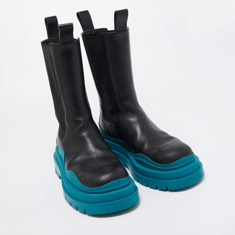 Pre Owned Bottega Veneta Black Leather Tire Chelsea Boots Size 38