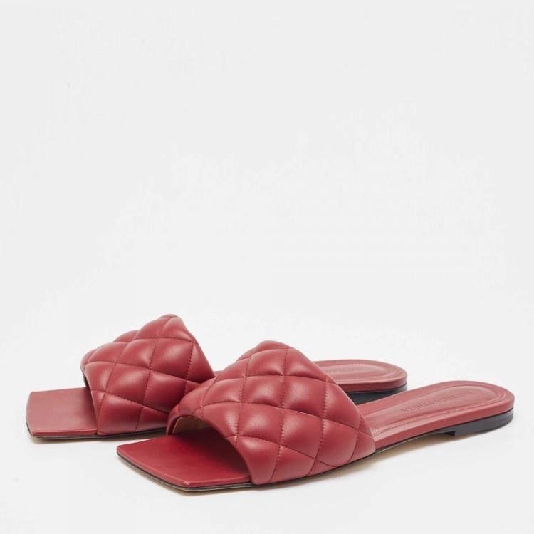 Pre Owned Bottega Veneta Red Intrecciato Leather Lido Slide Flats Size 39.5