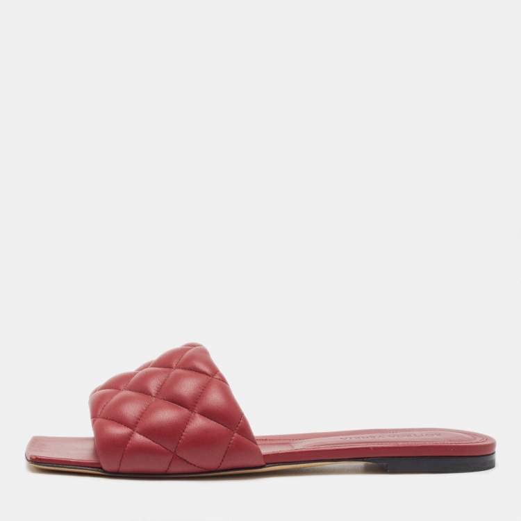 Pre Owned Bottega Veneta Red Intrecciato Leather Lido Slide Flats Size 39.5
