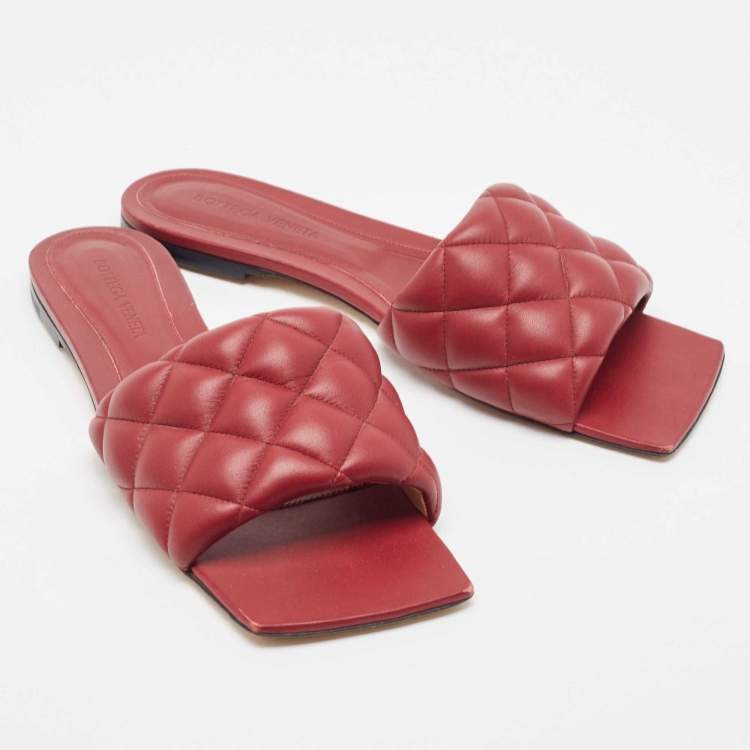 Pre Owned Bottega Veneta Red Intrecciato Leather Lido Slide Flats Size 39.5