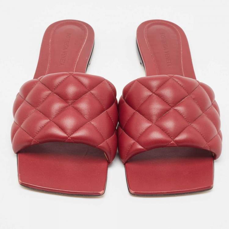 Pre Owned Bottega Veneta Red Intrecciato Leather Lido Slide Flats Size 39.5