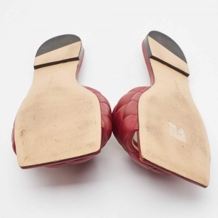 Pre Owned Bottega Veneta Red Intrecciato Leather Lido Slide Flats Size 39.5
