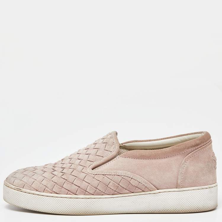 Pre Owned Bottega Veneta Pink Intrecciato Suede Dodger Slip On Sneakers Size 38.5